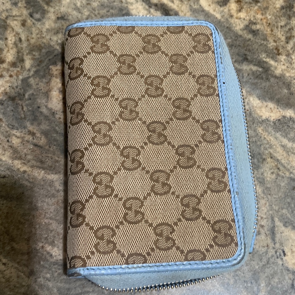 Gucci Monogram Dollar Calfskin Zip Around Compact Wallet Beige Ebony
